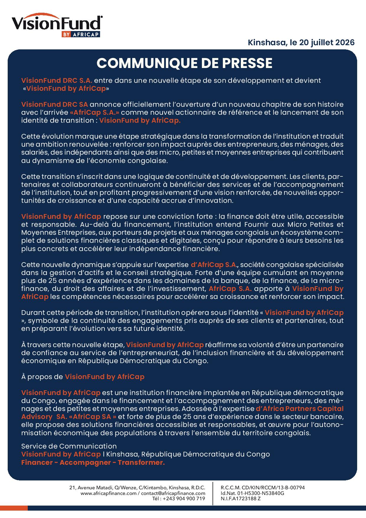 Communiqué officiel de VisionFund by Africap