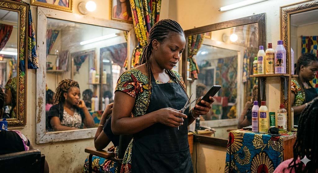 Coiffeuse dans son salon à Bukavu utilisant Mosungi