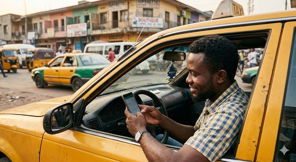 Chauffeur de taxi à Kinshasa utilisant Mosungi pour suivre ses courses